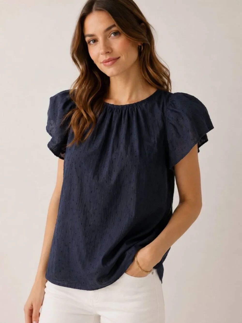LOFT Navy Cotton Clip-Dot Flutter Sleeve Button-Back Top - Size S - NWT